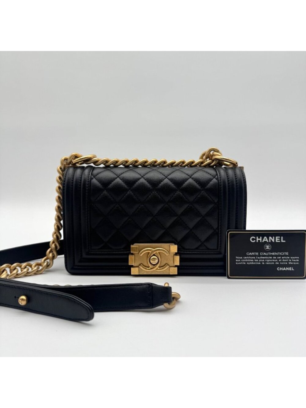 Chanel Shoulder Bag Boy Lambskin CC Logo Quilted Turnlock Gold Leather Black